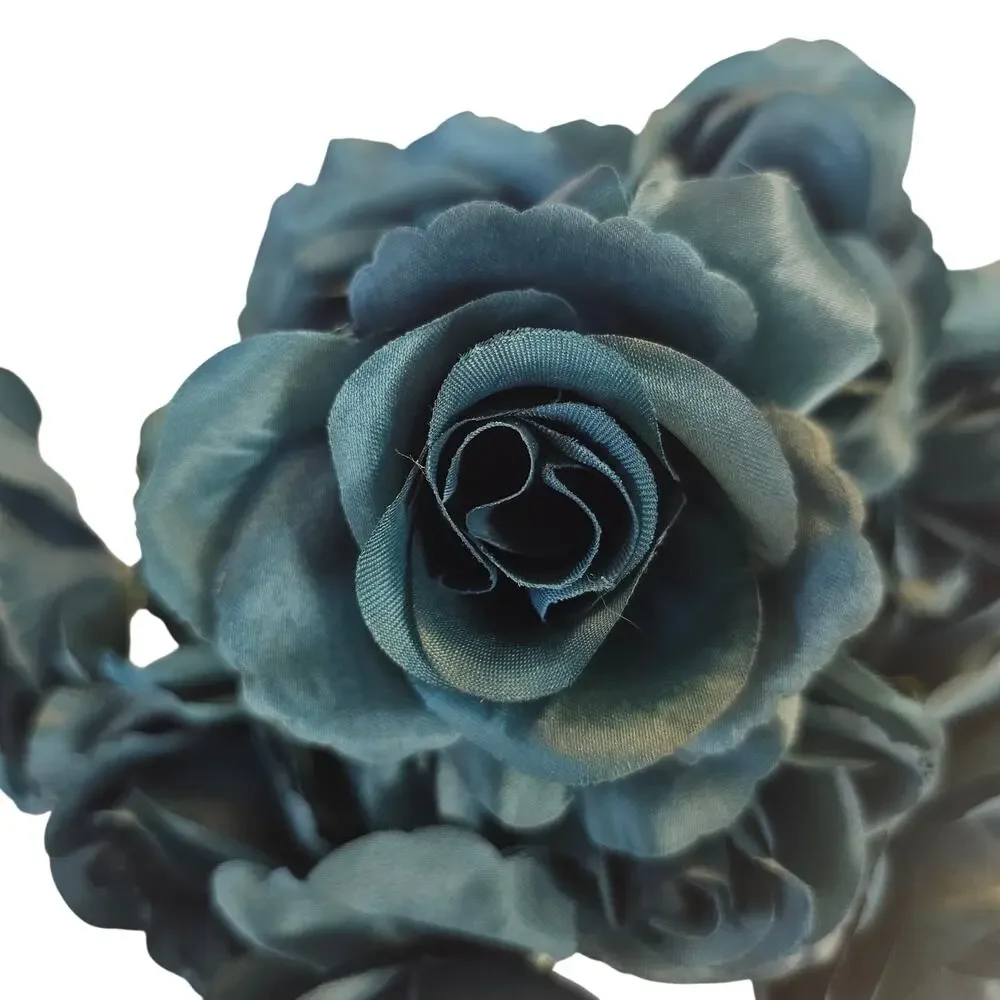 Silk Artificial Teal Rose Bush Lot of 2 Bushes, 4 in wide Blooms, 23 Roses total